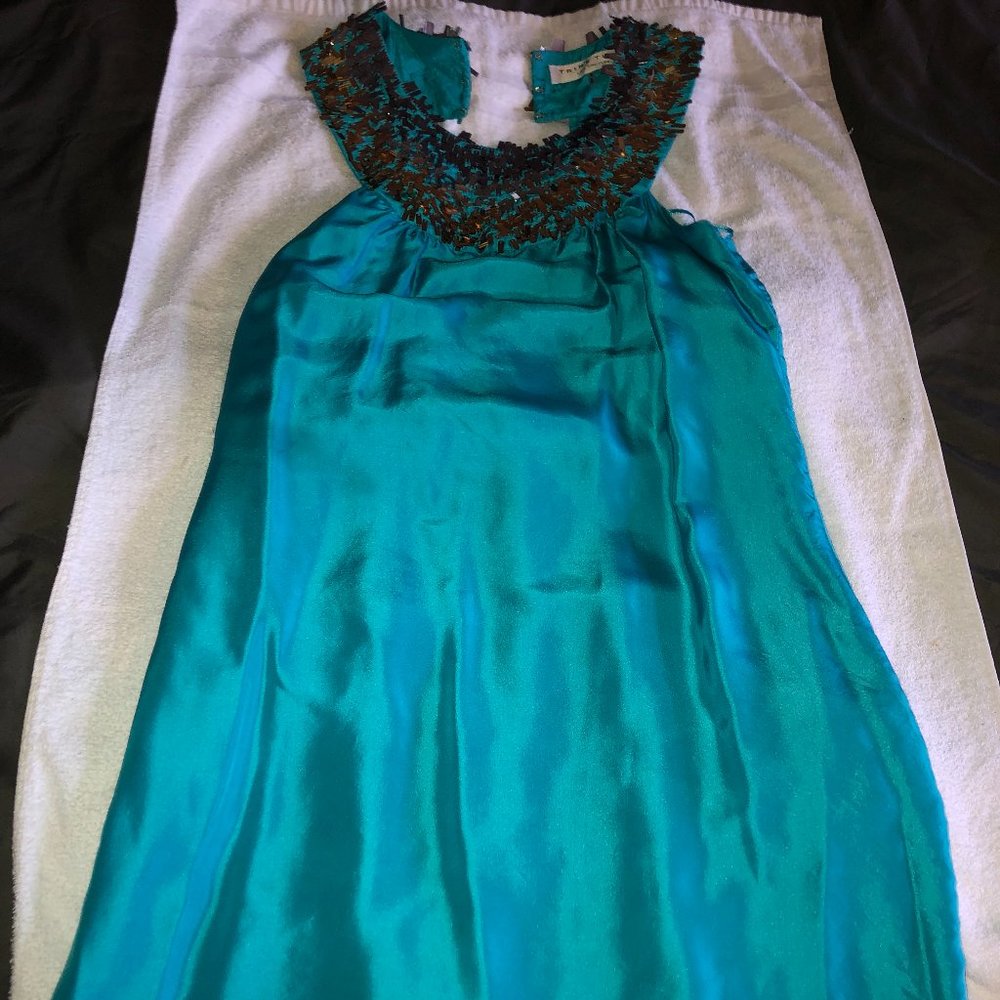 Trina Turk Teal Cocktail Dress with Metallic Neckline
